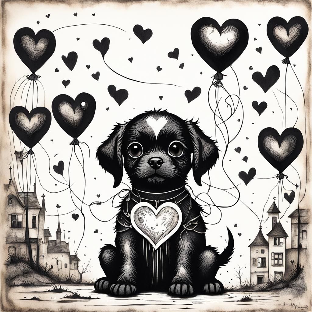 Gothic Valentine Puppy Etching in Black and White