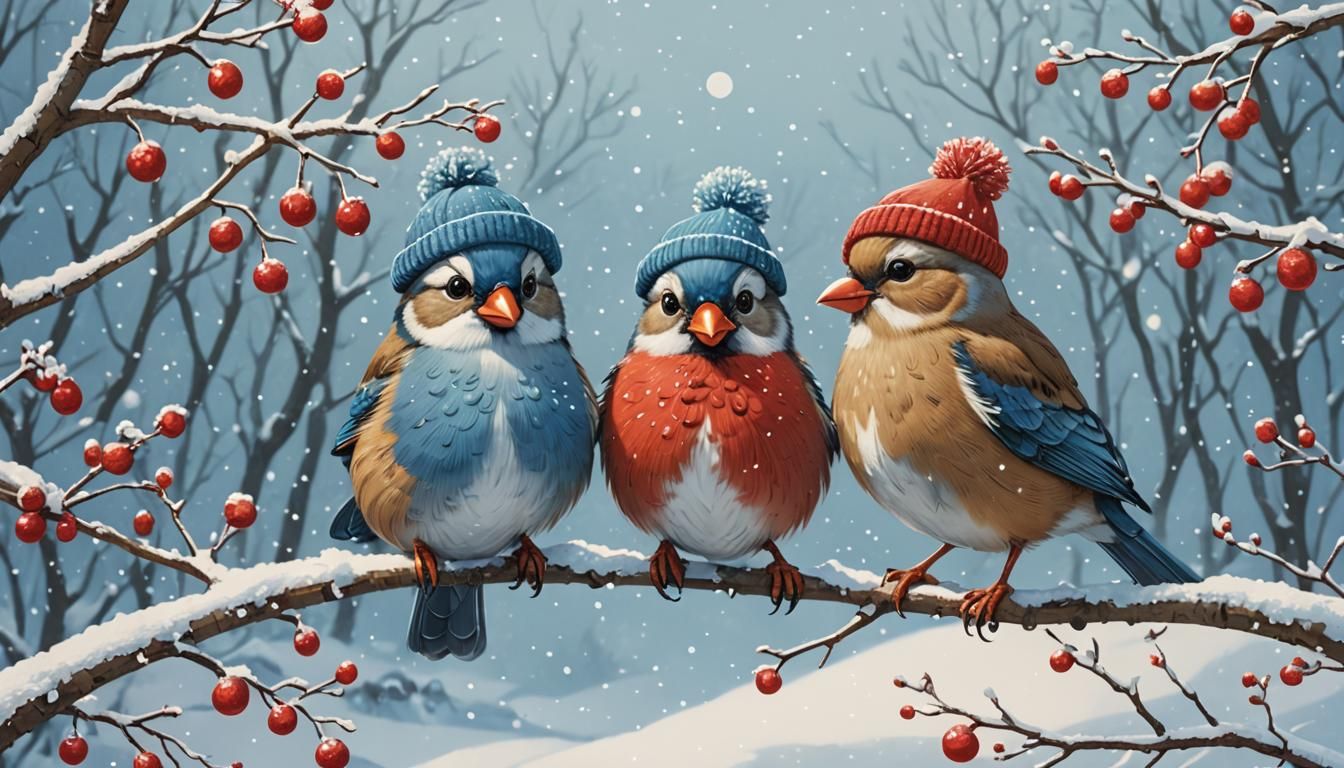 Birds in Winter Hats Chatting in Snowy Scene