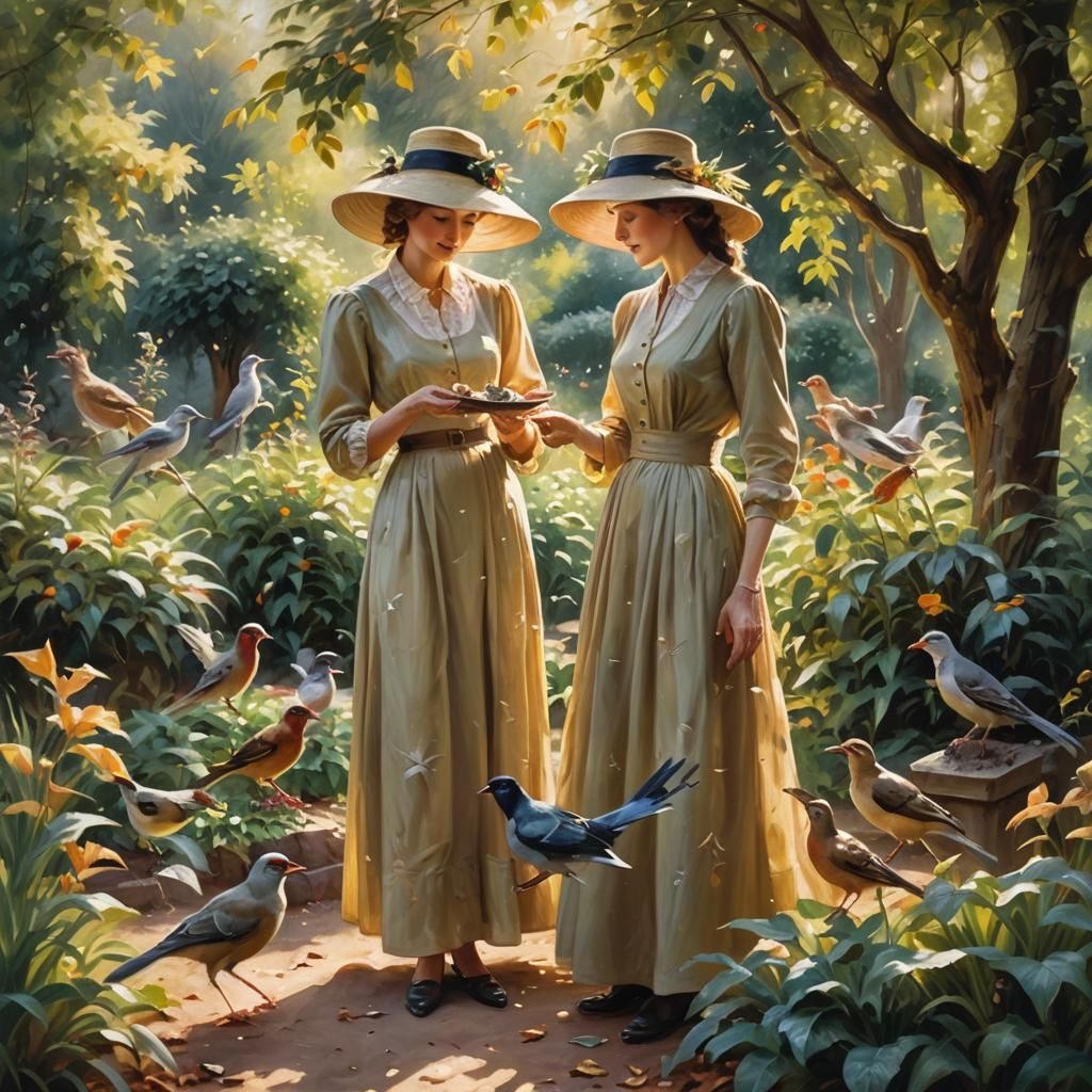 Impressionist Woman Feeds Birds in Golden Light