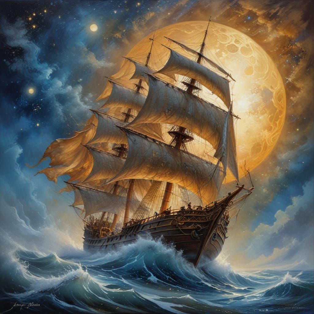 Fantasy Sailing Ship in Golden Sea Under Blue Moon