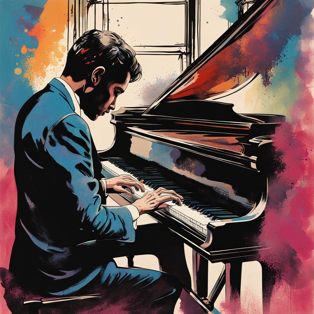 Pianist in Gothic Setting: Vintage Screenprint Poster