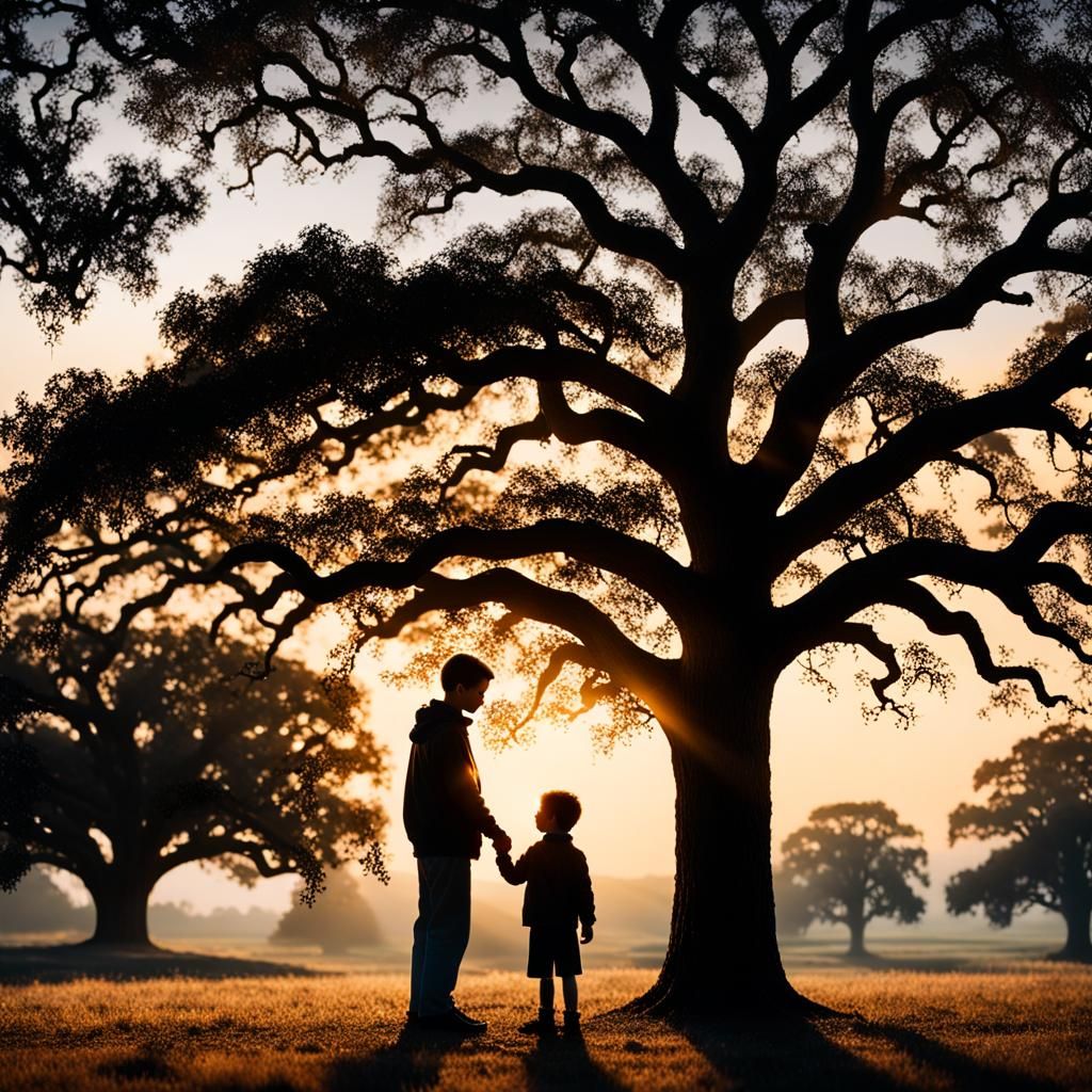 Serene Sunset: Wise Man Guiding Child