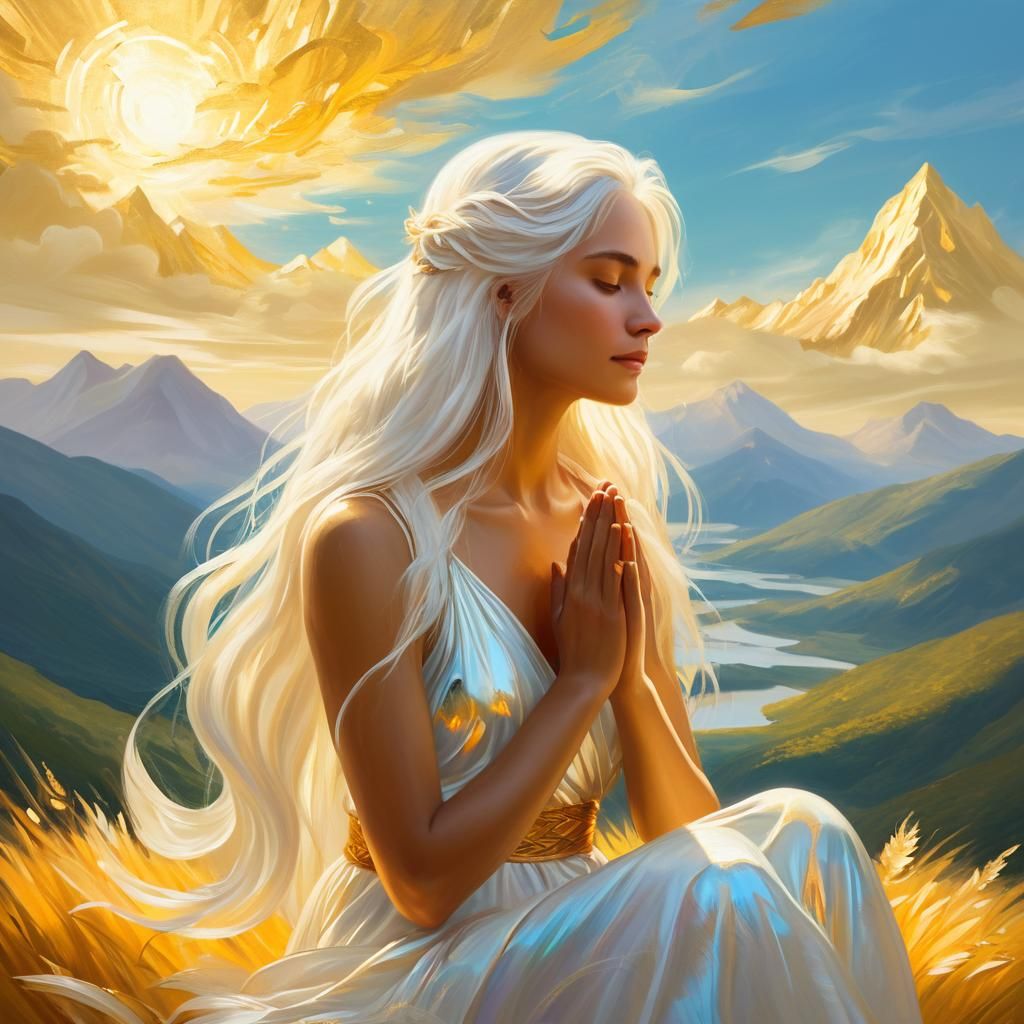 Goddess in Golden Landscape: Ethereal Oil Painting