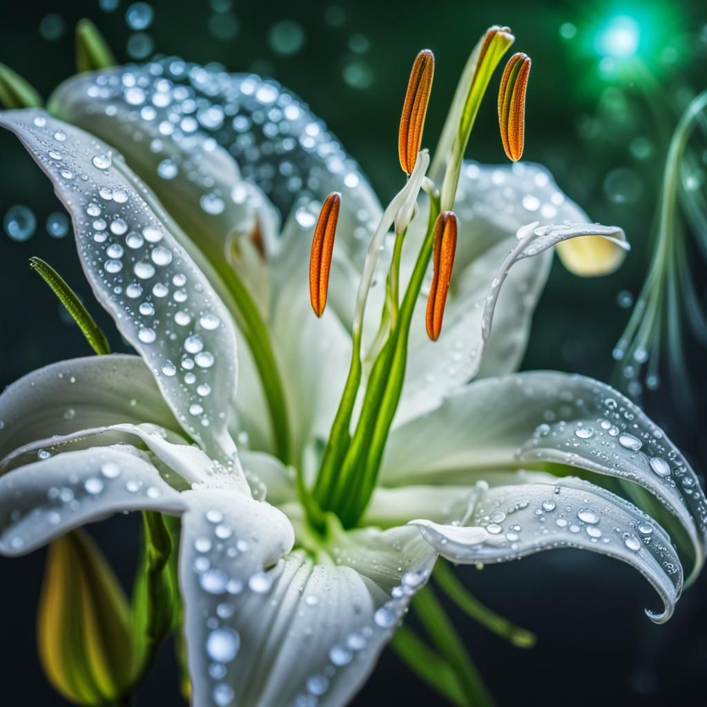Glowing White Lily with Dewdrops in Opalescent Glass