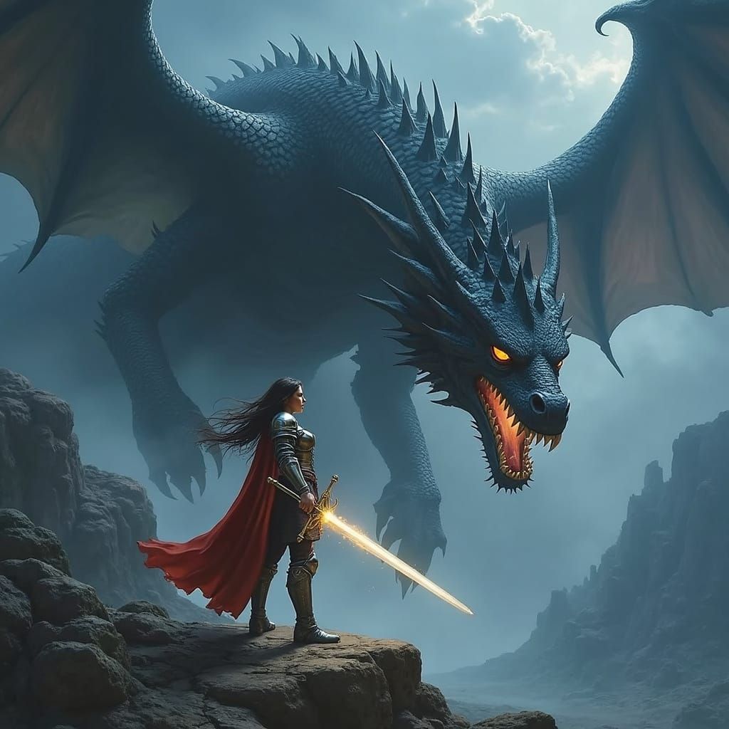 Woman Warrior Battles Fiery Black Dragon on Stormy Field