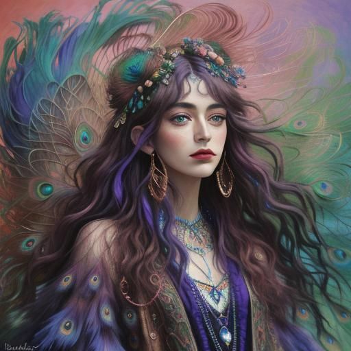 Abstract Woman Portrait with Peacock Feather Hair