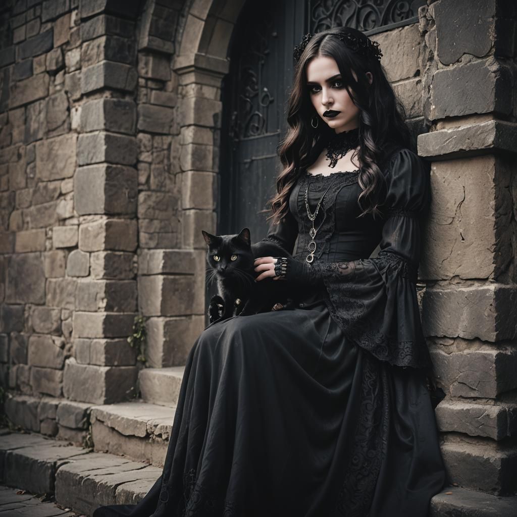 Gothic Portrait of Girl with Cat in Dark Academia Style