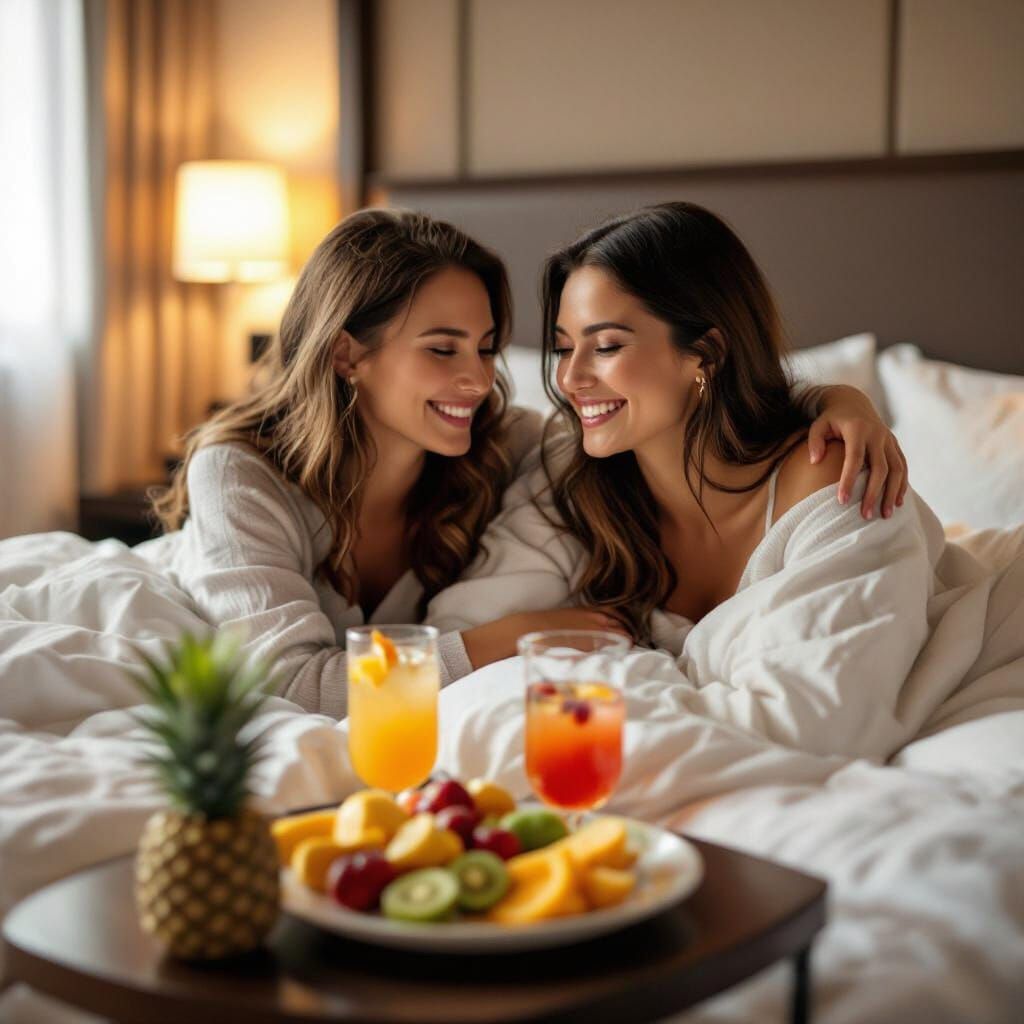 Friends Relaxing in Hotel Room with Cocktails