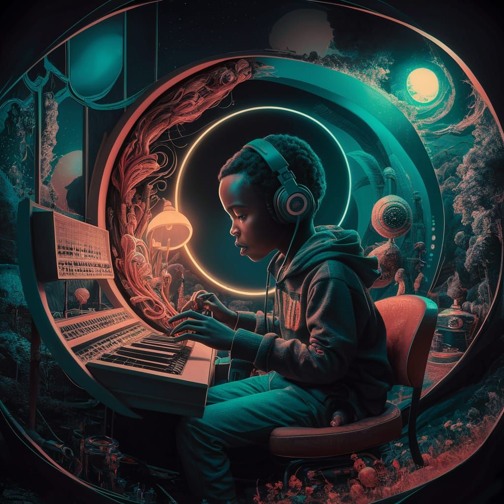 Boy Recording Music in Surreal Home Studio