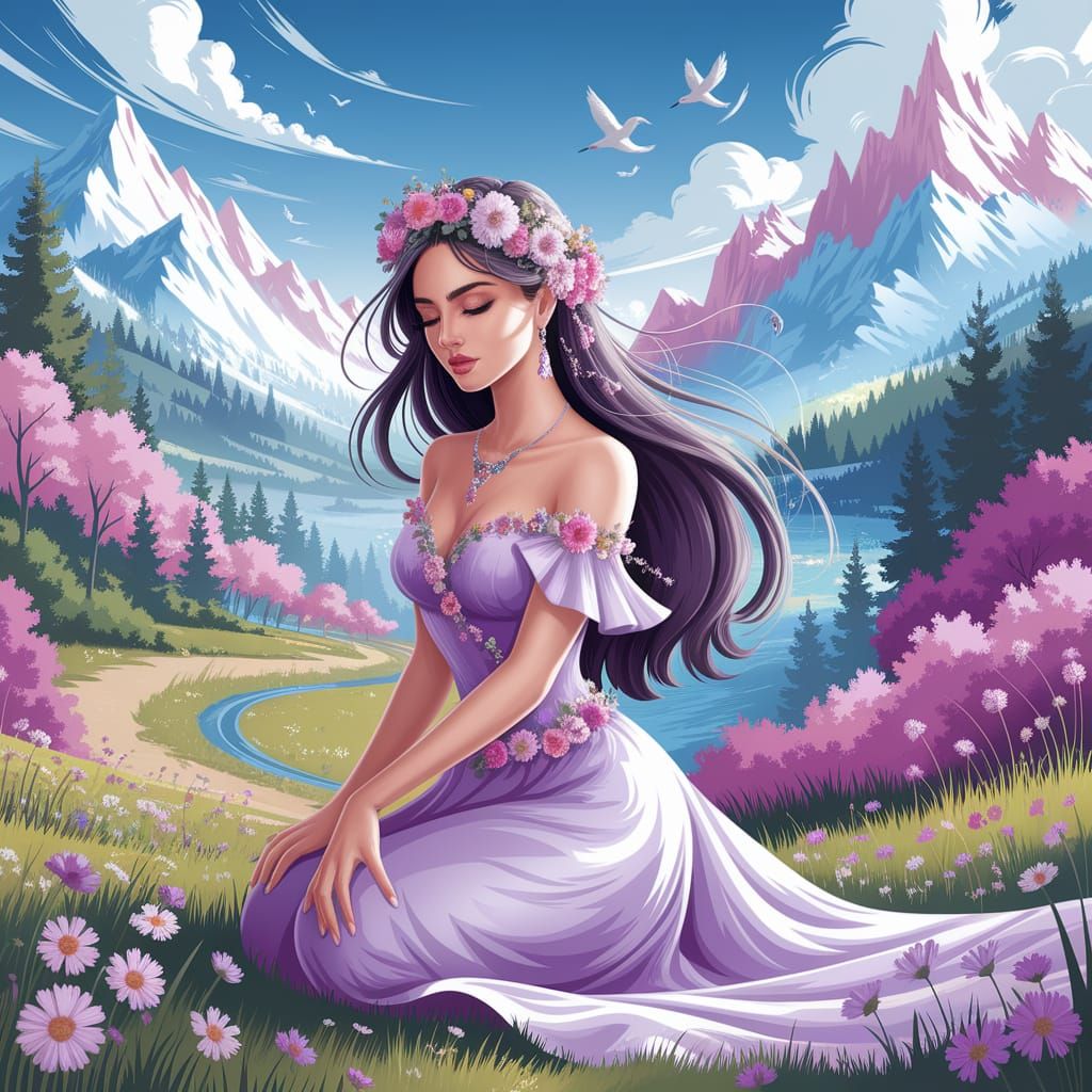 Divine Queen Adorned with Flower Crown in Spring Landscape