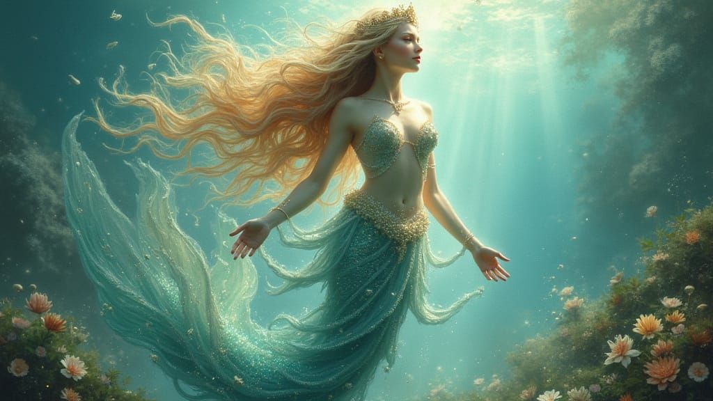 Ethereal Mermaid Queen Rises from Crystal Ocean
