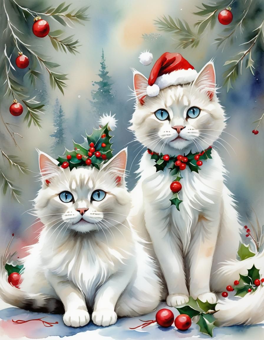 Whimsical Xmas Cats in Watercolor Style