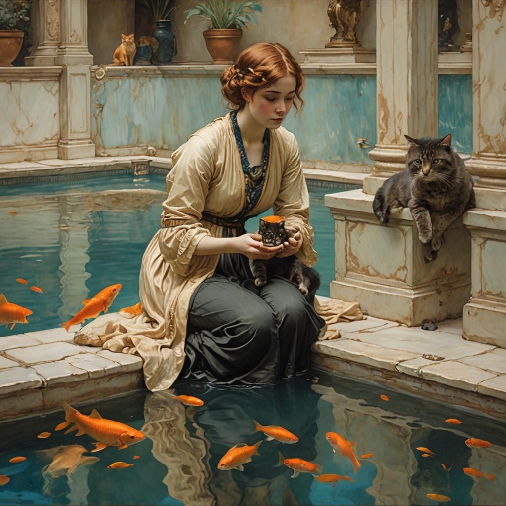 Woman and Cat Watching Goldfish, Alma-Tadema Style