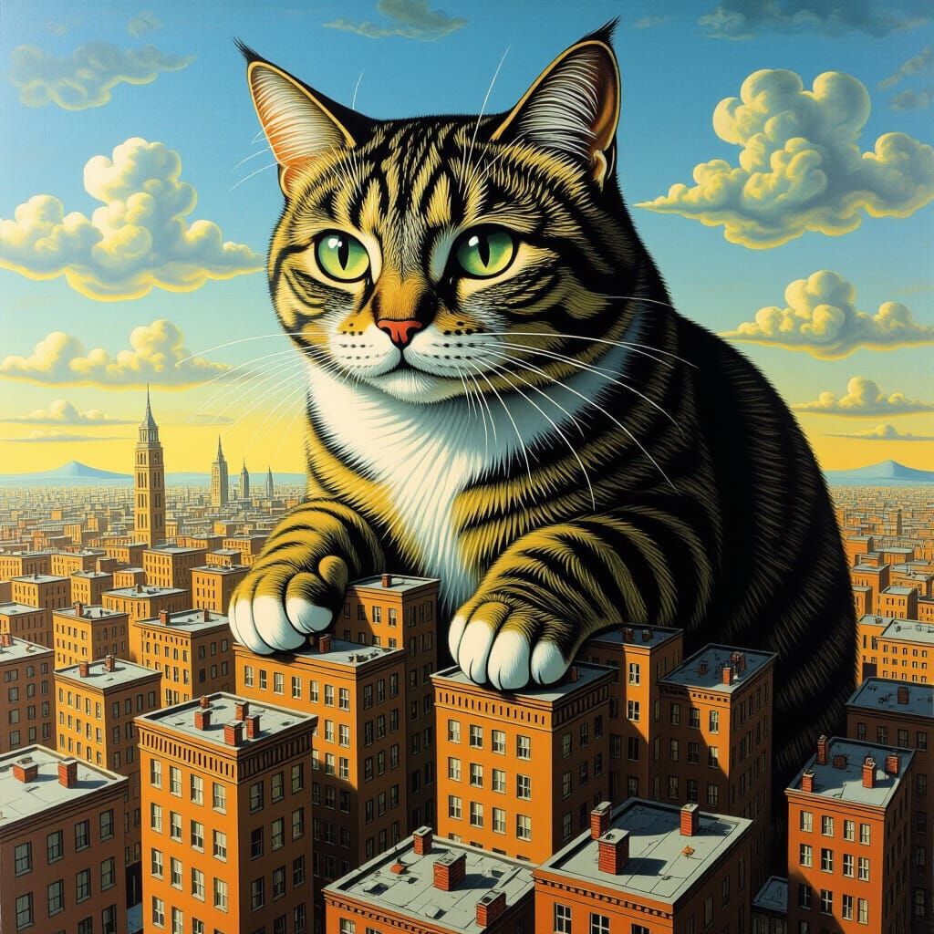 Giant Cat Strides Across City Rooftops: Surrealist Painting