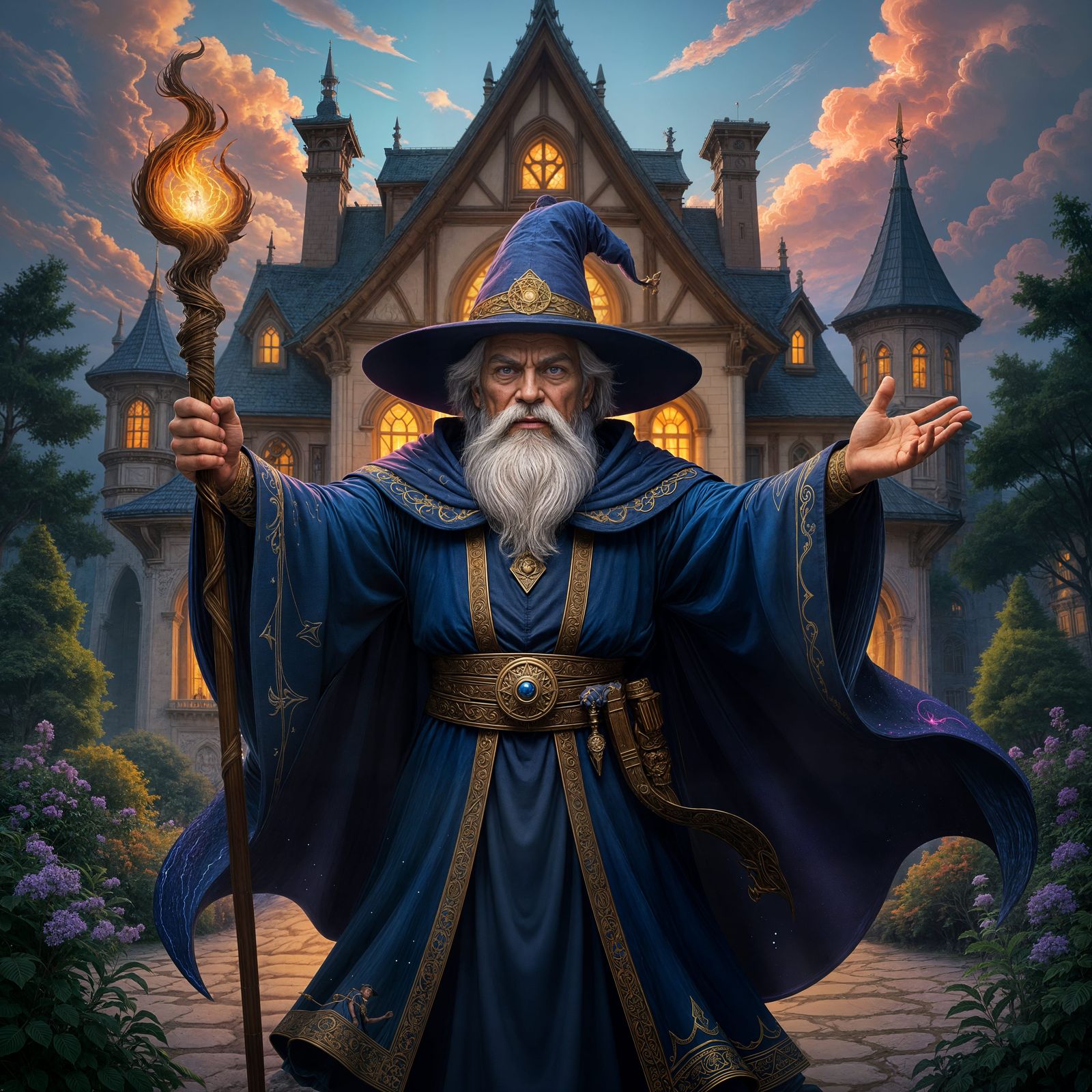 Happy Wizard in Front of Impossible Mansion