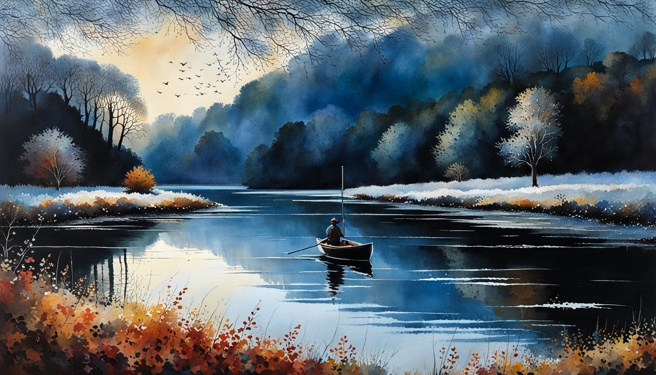 Autumnal Angler in Boat: Watercolor Painting