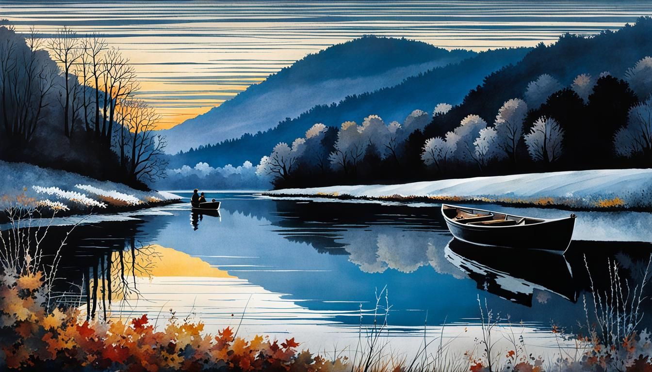 Autumnal Angler in First Frost, Watercolor Painting