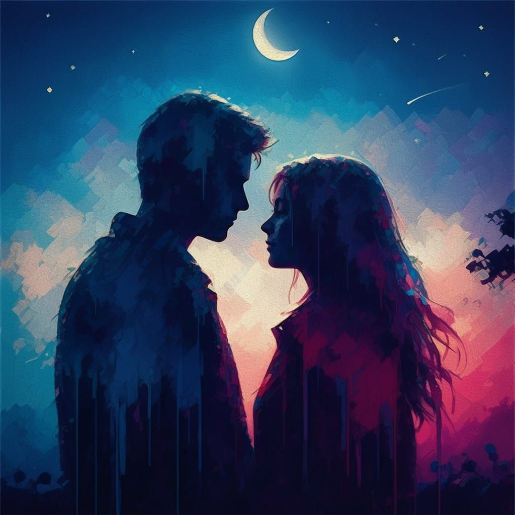 Silhouetted Figures in Moonlight: Sponge Art Impression