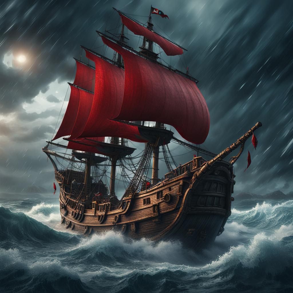 Pirate Ship with Red Sails in Stormy Seas