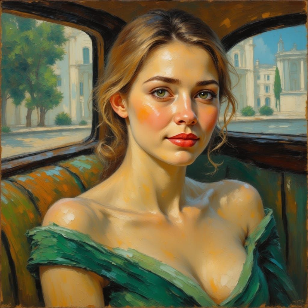 Woman in Limousine: Post-Impressionistic Impasto Painting