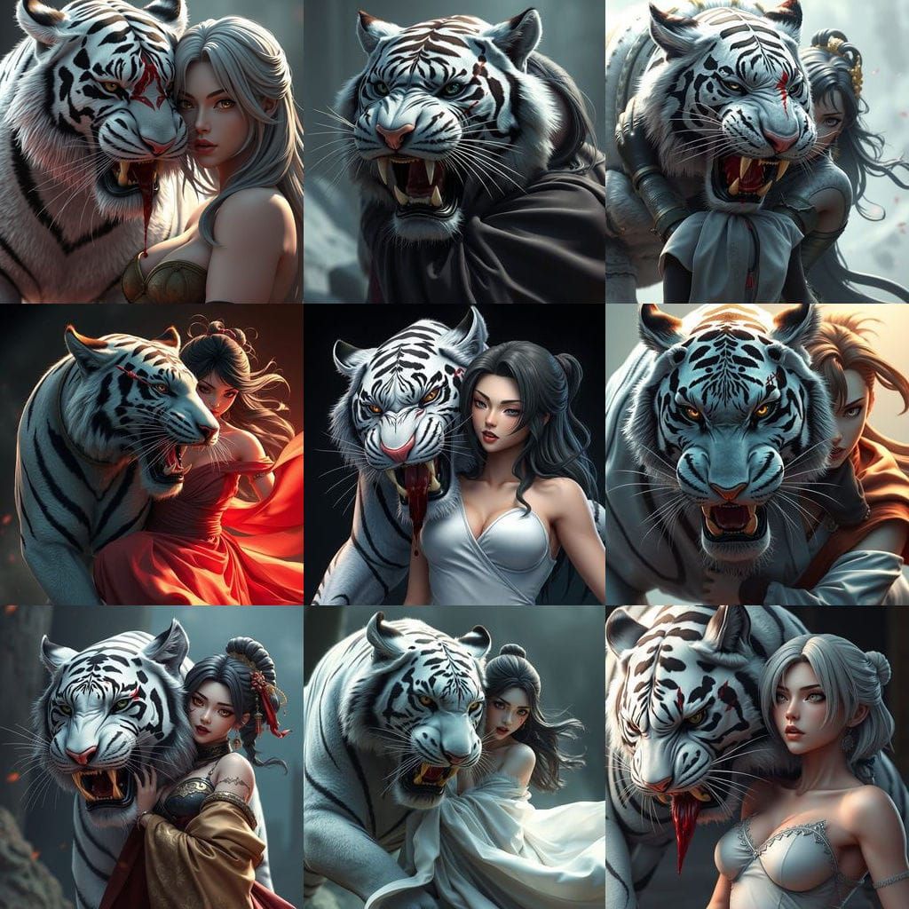 Tiger Protects Woman in Gritty Anime-Style Art