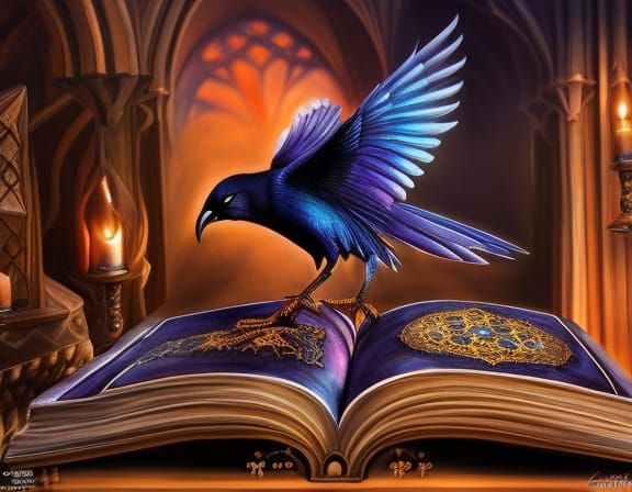 Crow on Spellbook in Magical Library: Digital Art