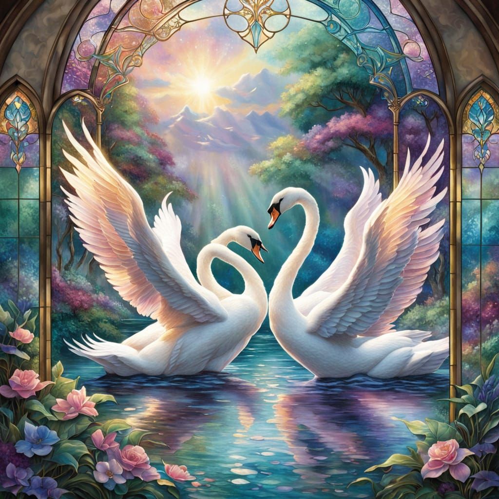 Stained Glass Swans in Ethereal Mist