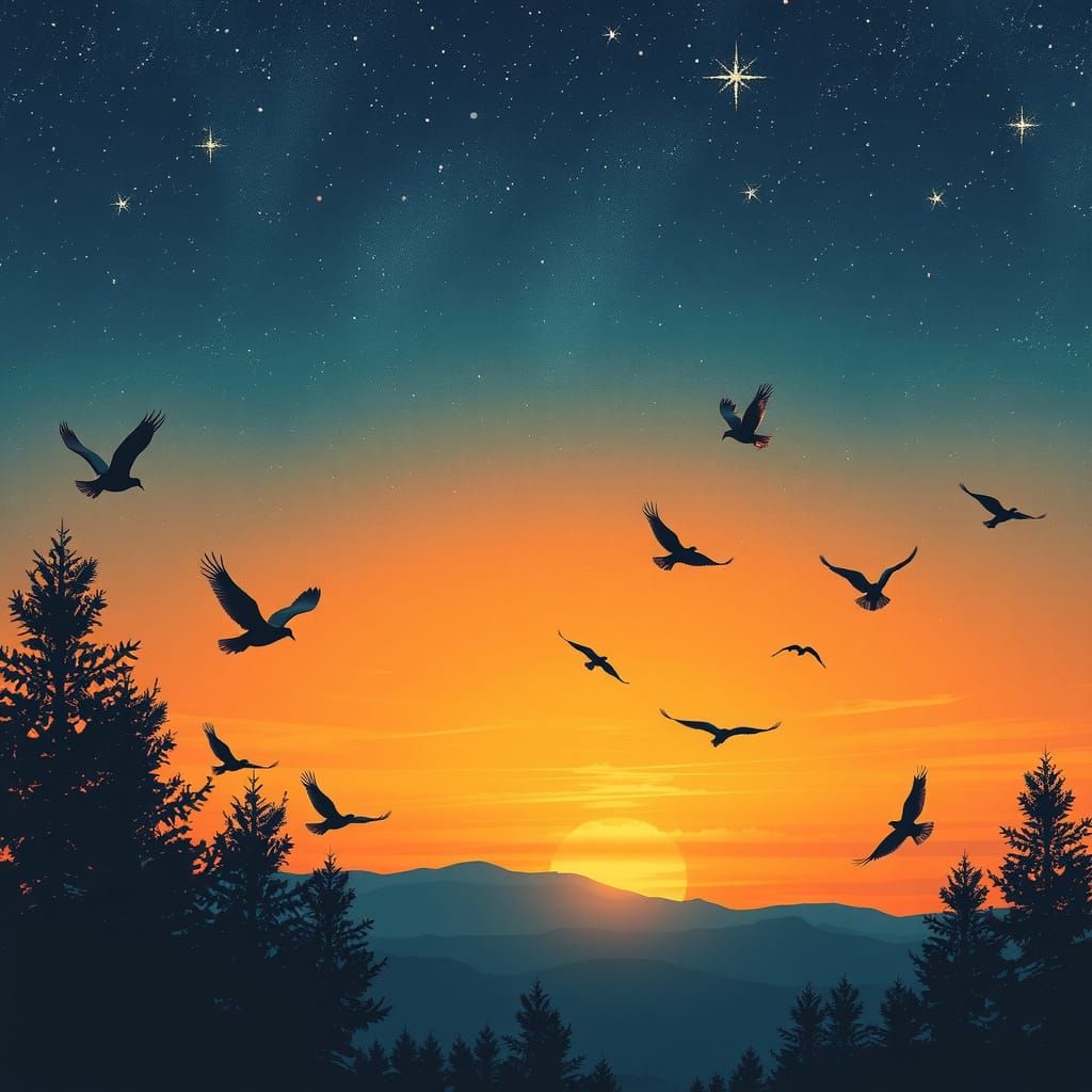 Sunset Silhouette: Birds Soaring Under Starlight