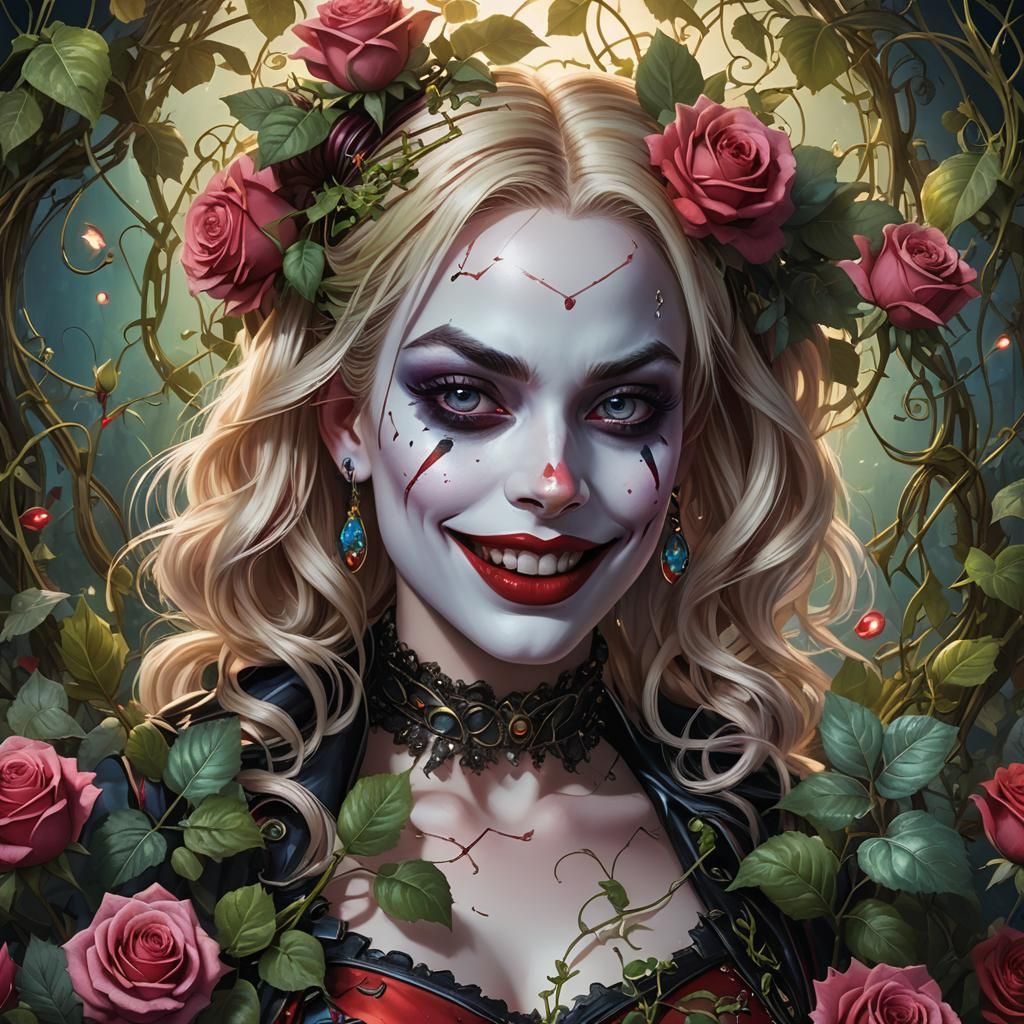 Harley Quinn Surrounded by Roses: Digital Matte Painting