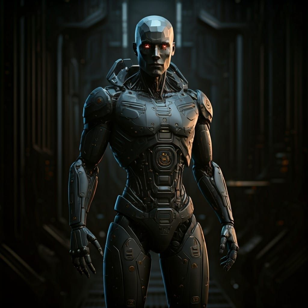 Futuristic Mechanoid in Metallic Environment, 3D Render
