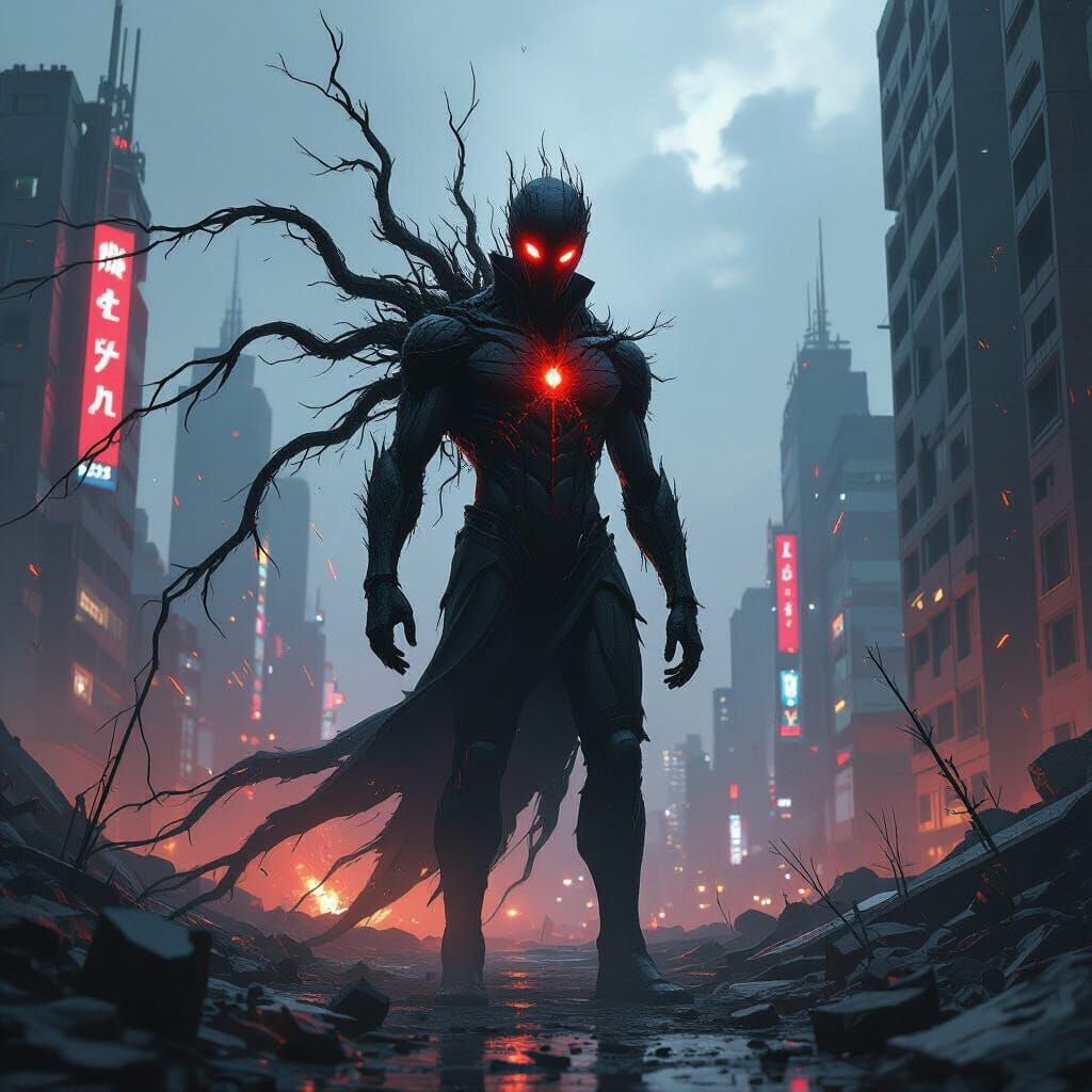 Hybrid Kaiju in Ruined City: Dark Futuristic Art