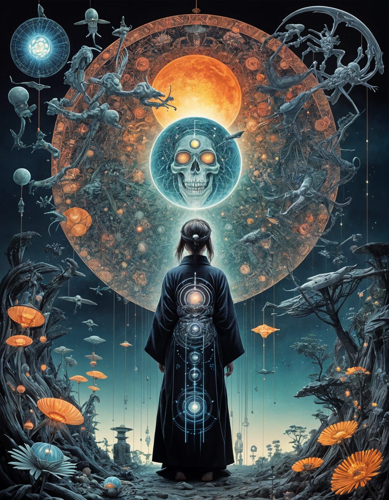 Woman in Yukata Holds Glowing Firefly Cage with Skeleton Sha...