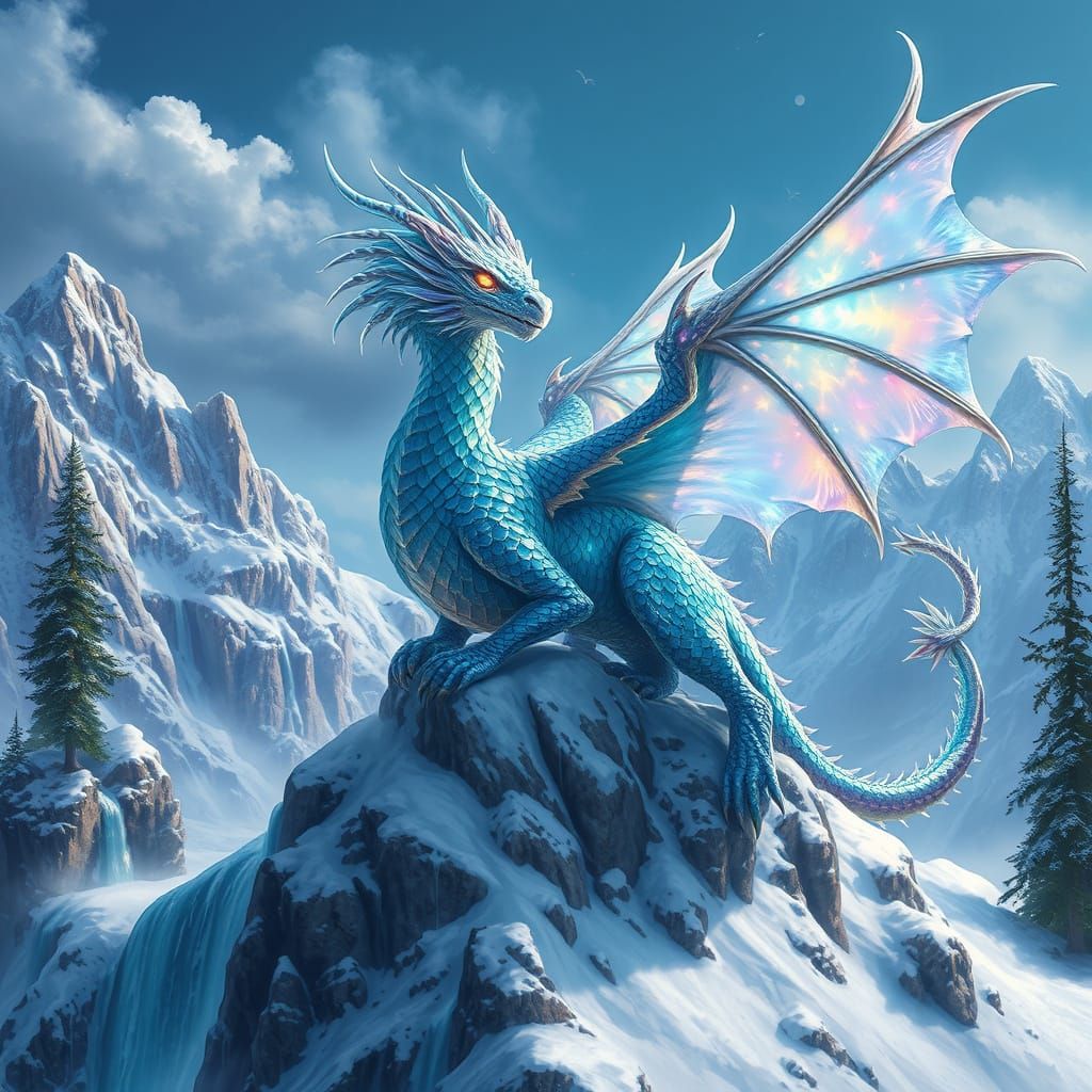 Crystal Dragon on Snowy Peak: Digital Painting