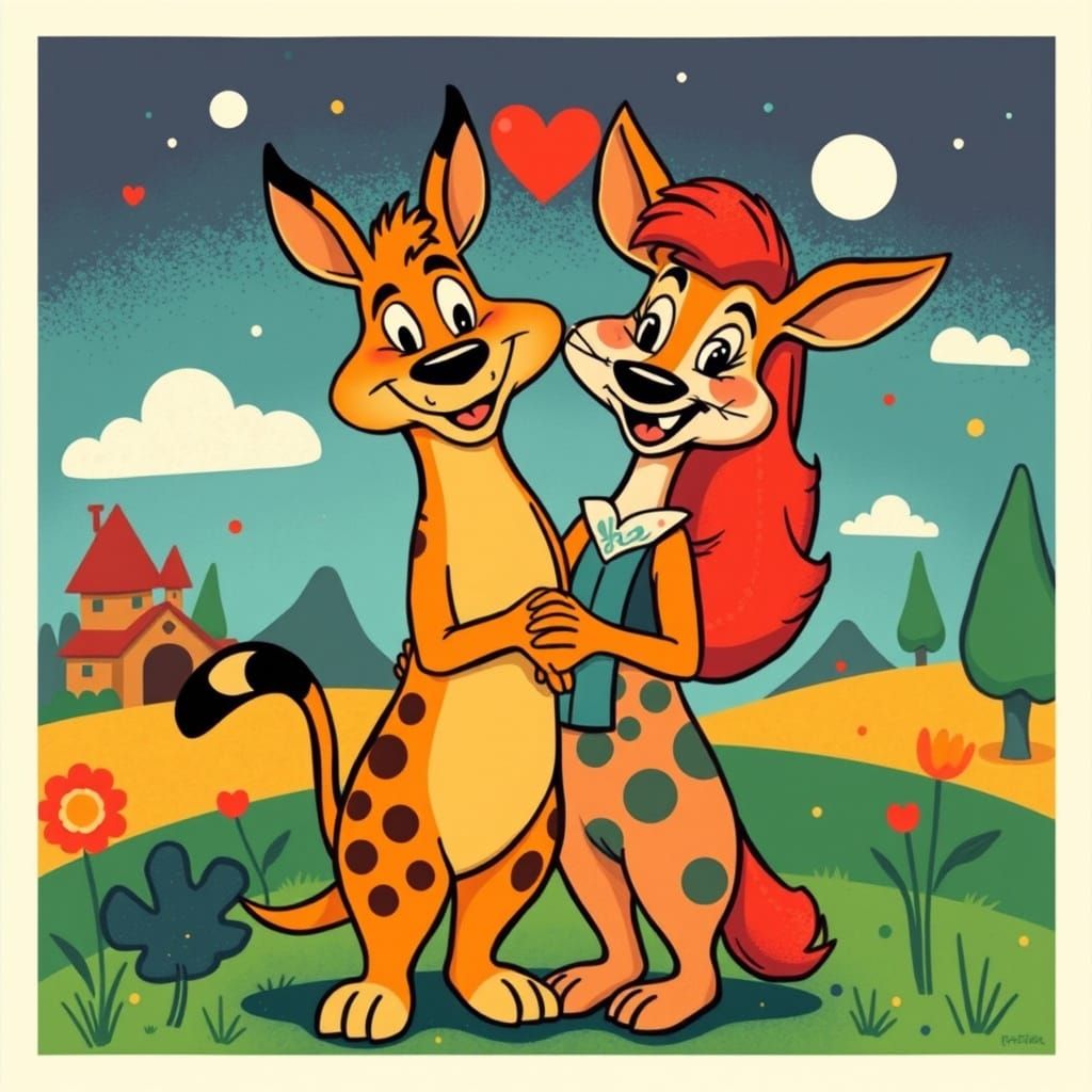 Vibrant Cartoon Animal Couples in Whimsical Landscape