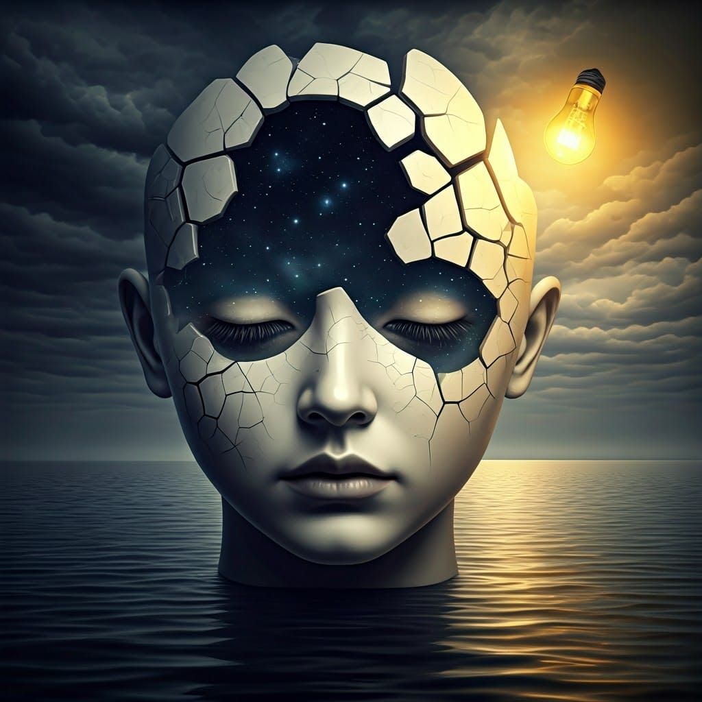 Surreal Fractured Face with Escaping Stars