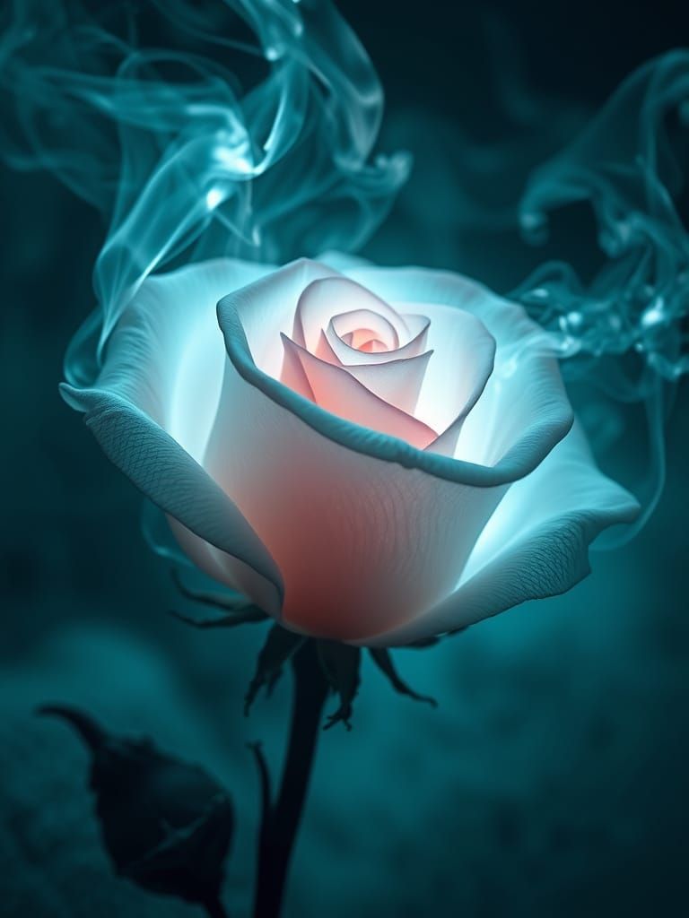 A beautiful smoky light pink rose made out of smoke, souranded by smoke,  glowing bioluminescent in a foggy moonlight mi...
