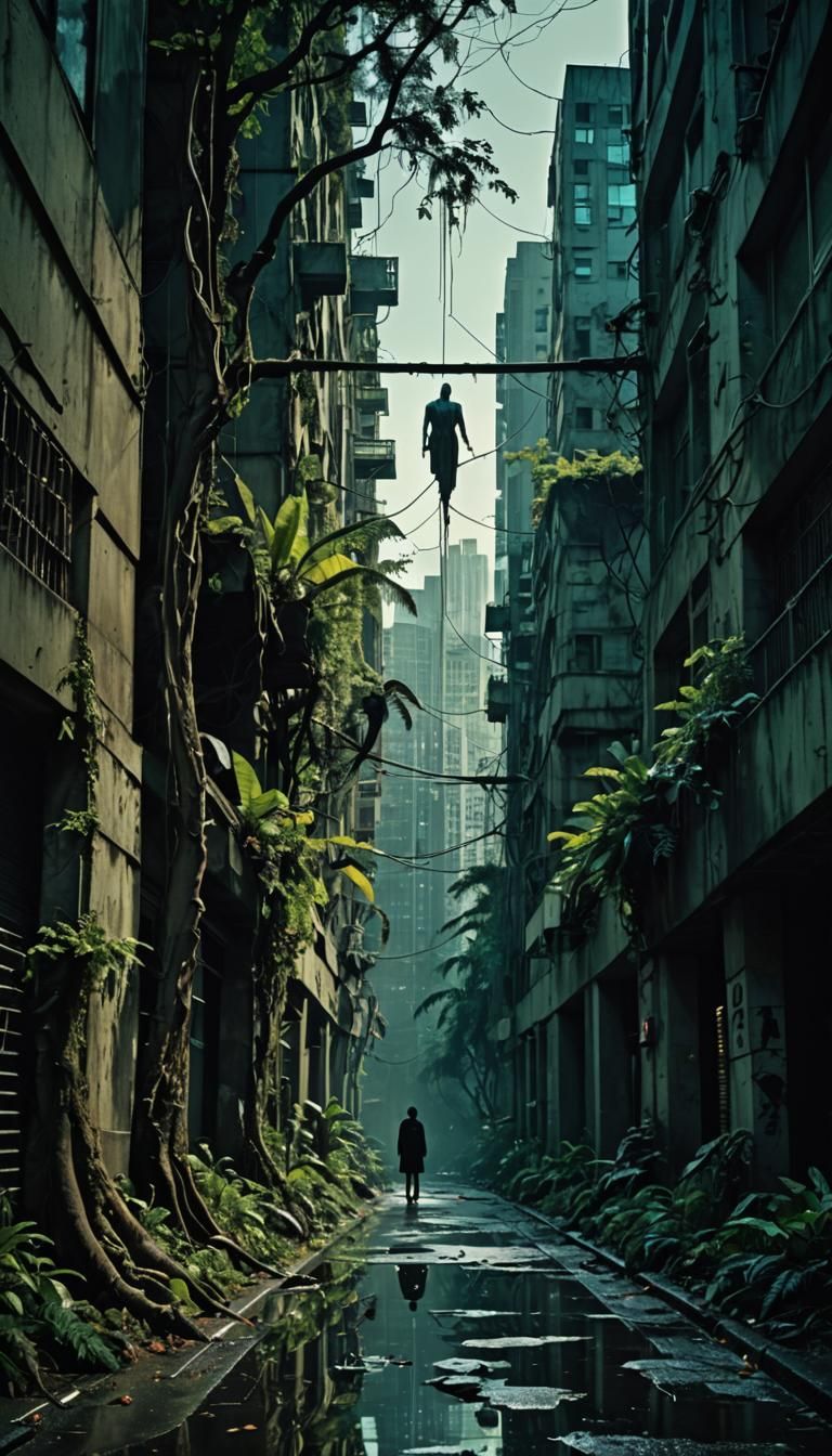 Surreal Cityscape with Figure in the Style of Giger