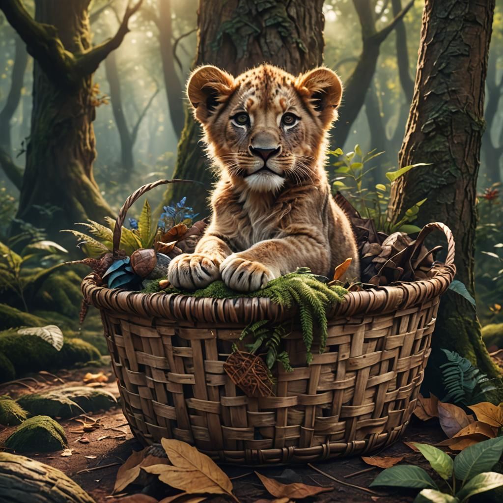 Lion Cub in Forest: Detailed Fantasy Concept Art