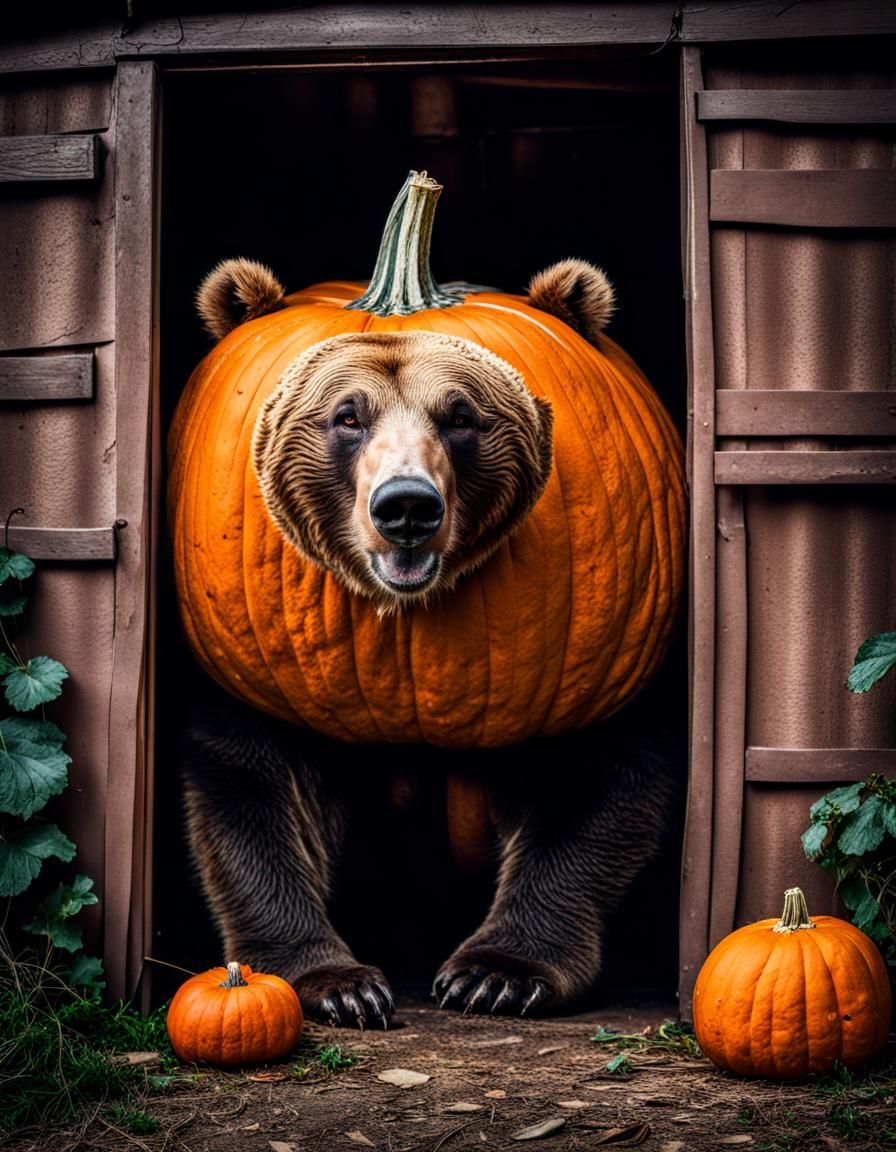 Scared Bear Hiding Behind Giant Pumpkin Photograph