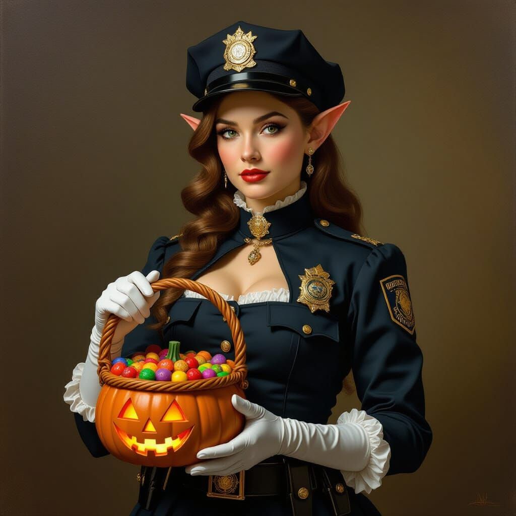 Renaissance Elf Woman as Police Officer in Halloween Portrai...