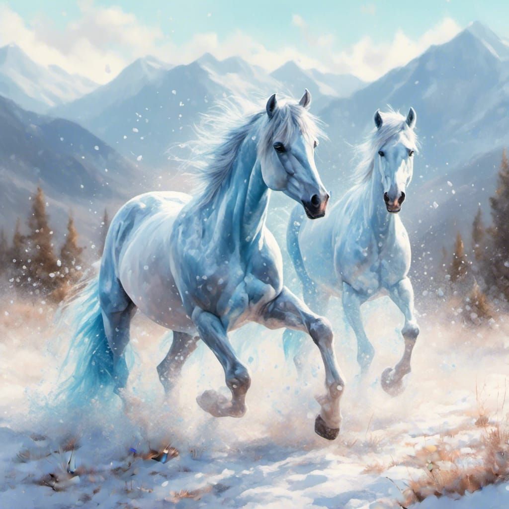 Wild Horse in Snow, Pastel Art Style