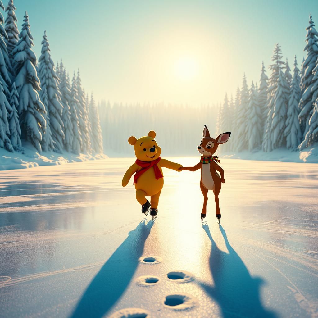 Winnie the Pooh and Bambi Ice Skating, Photorealistic 3D