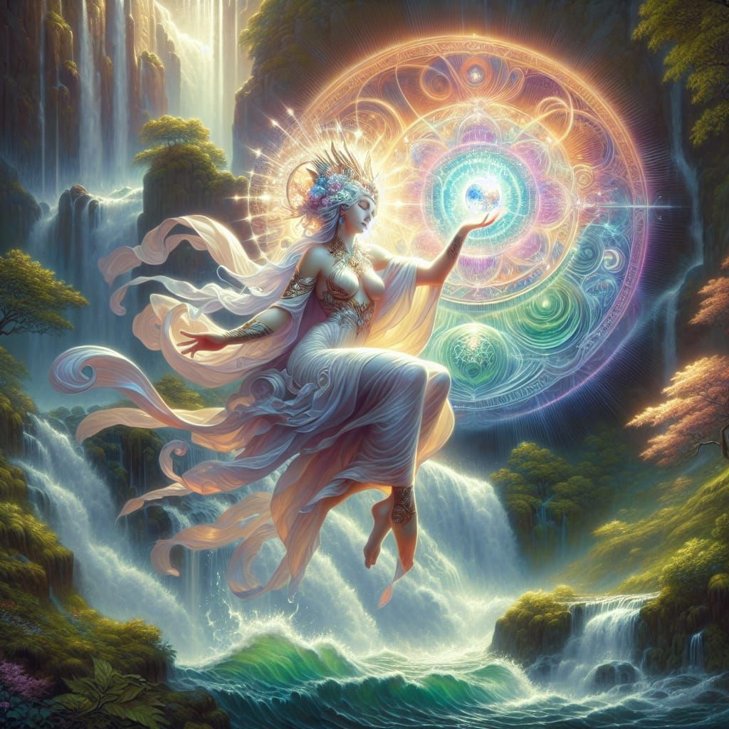 Ethereal Goddess of Wisdom by a Waterfall