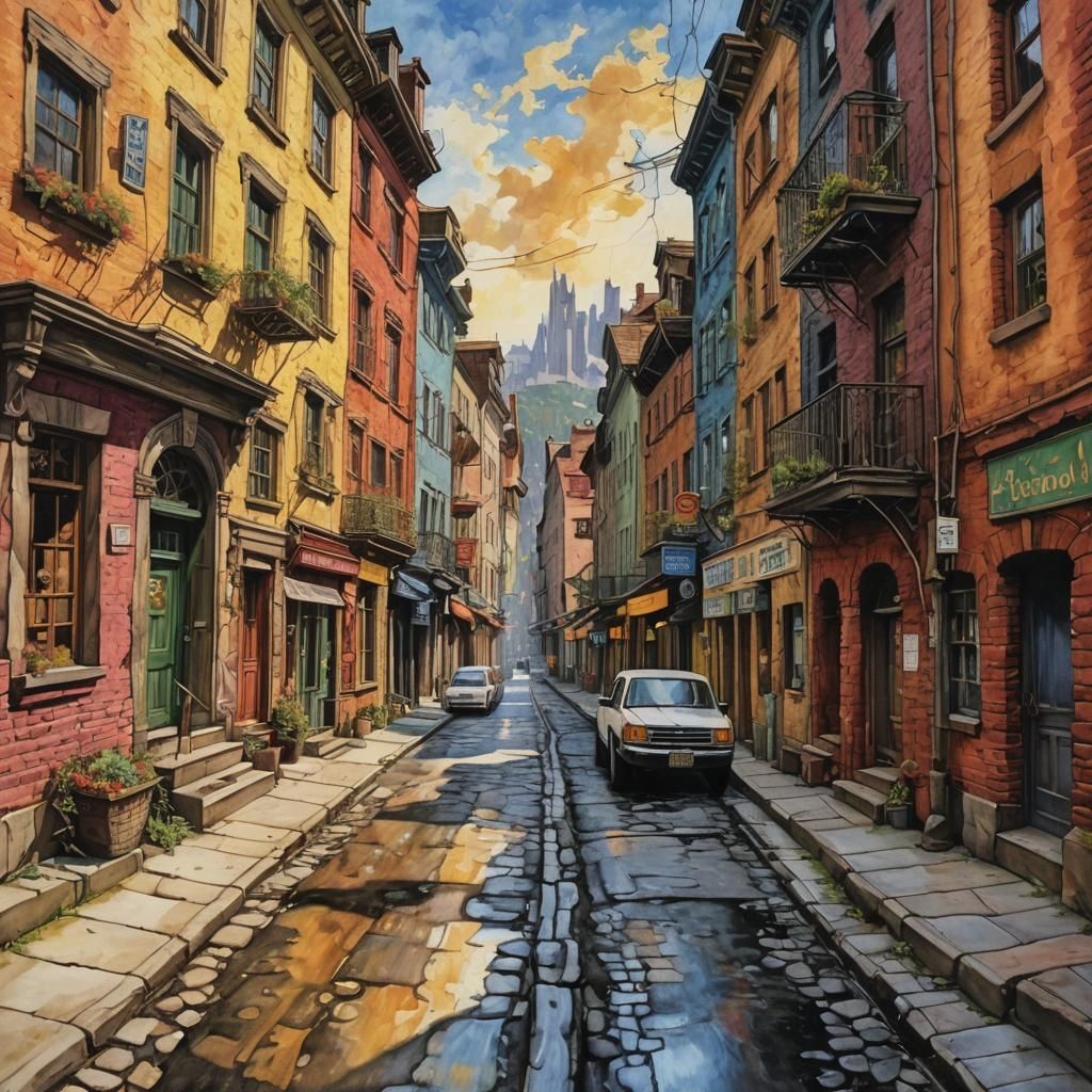 Gouache Street Scene in Hudson River School Style