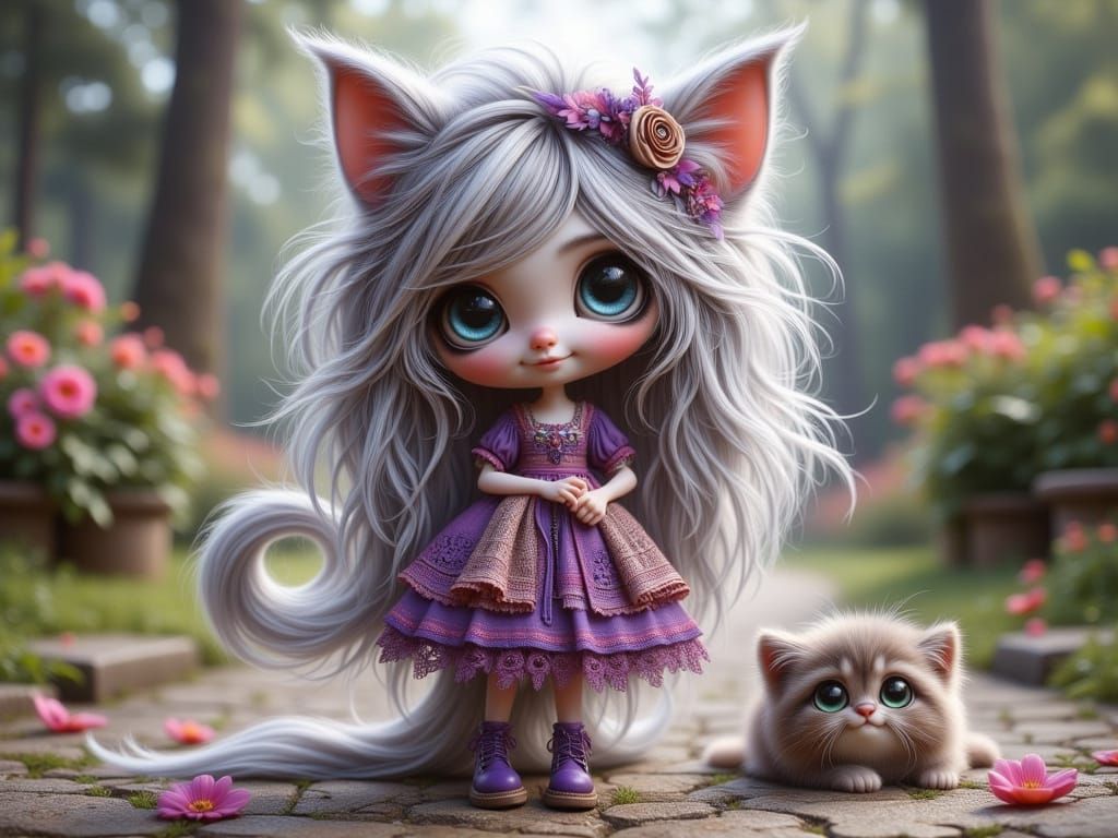 Anthropomorphic Cat with Kitten in 3D Rendered Style