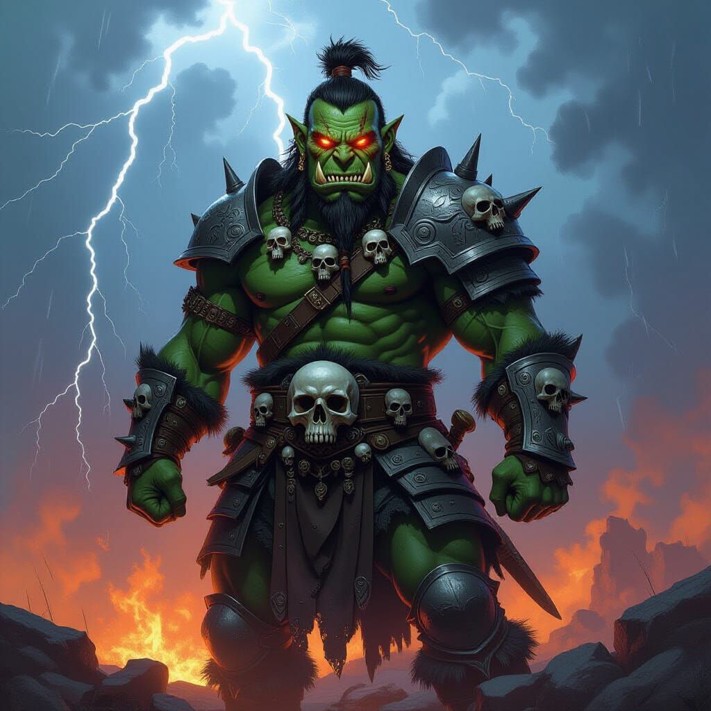 Orc Warchief in Raging Storm, Dark Fantasy Style