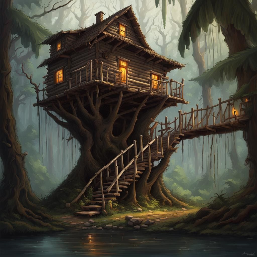 Sinister Log Treehouse in Jungle, Greg Rutkowski Style