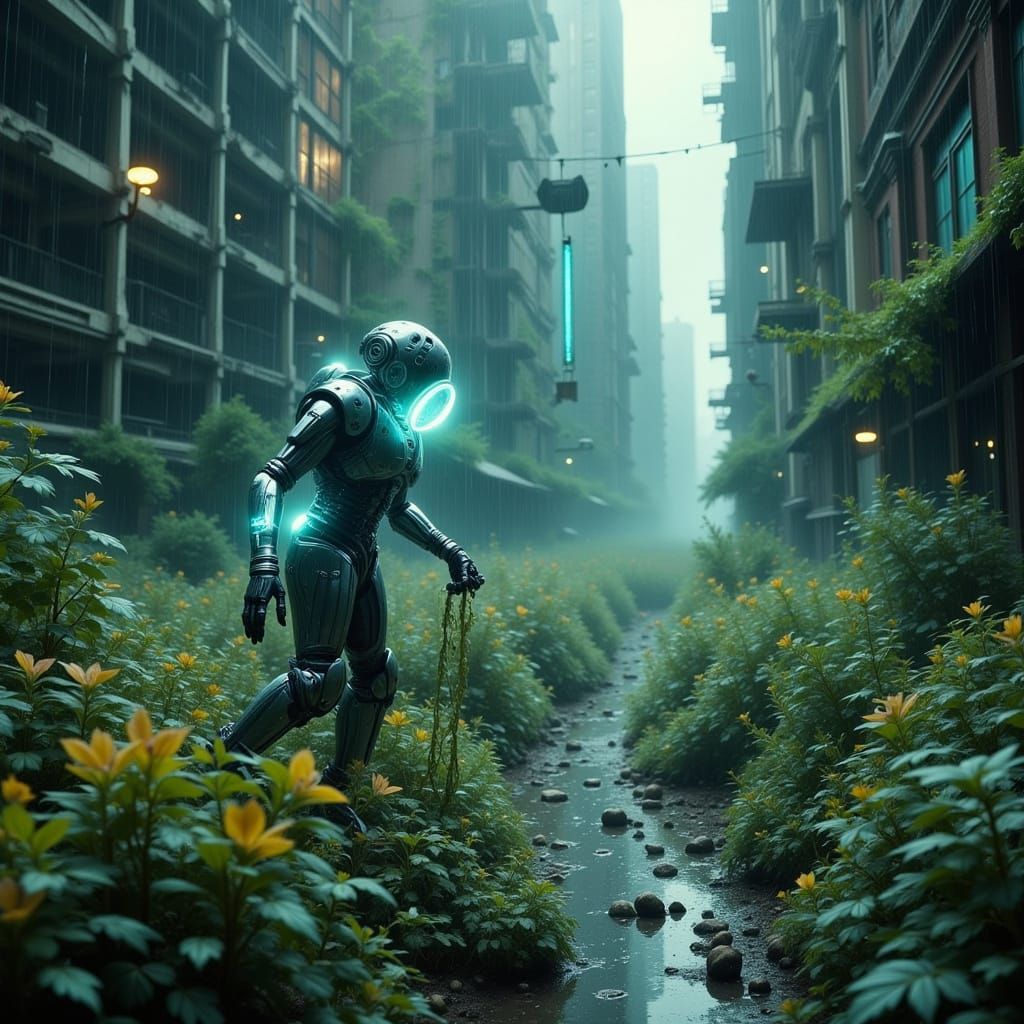 Android Tends Bioluminescent Garden in Overgrown Cityscape