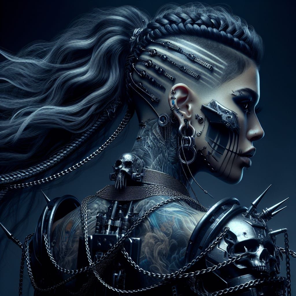 Cyberpunk Gothic Warrior with Biomechanical Tattoos and Meta...