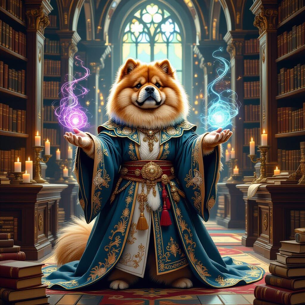 Chow Chow Mage in Grand Library, Painterly Style